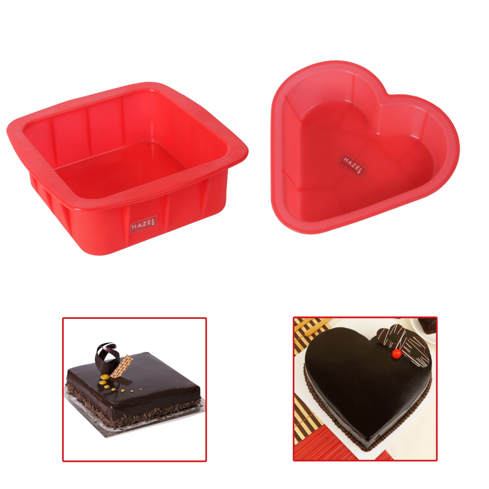 HAZEL Small Silicon Square and Heart Shape Cake Mould for Half Kg, 2 Pcs, Red