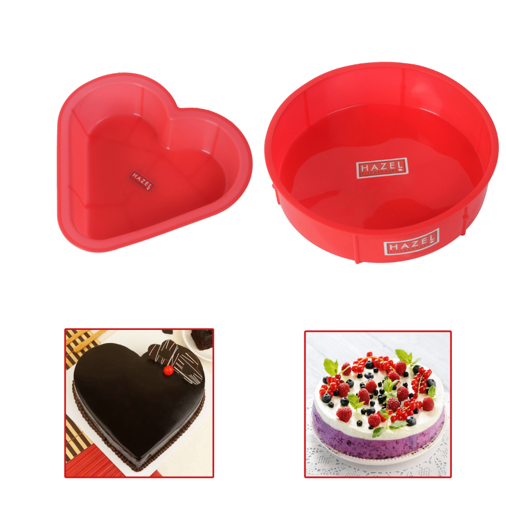 HAZEL Small Silicon Round and Heart Shape Cake Mould for Half Kg, 2 Pcs, Red