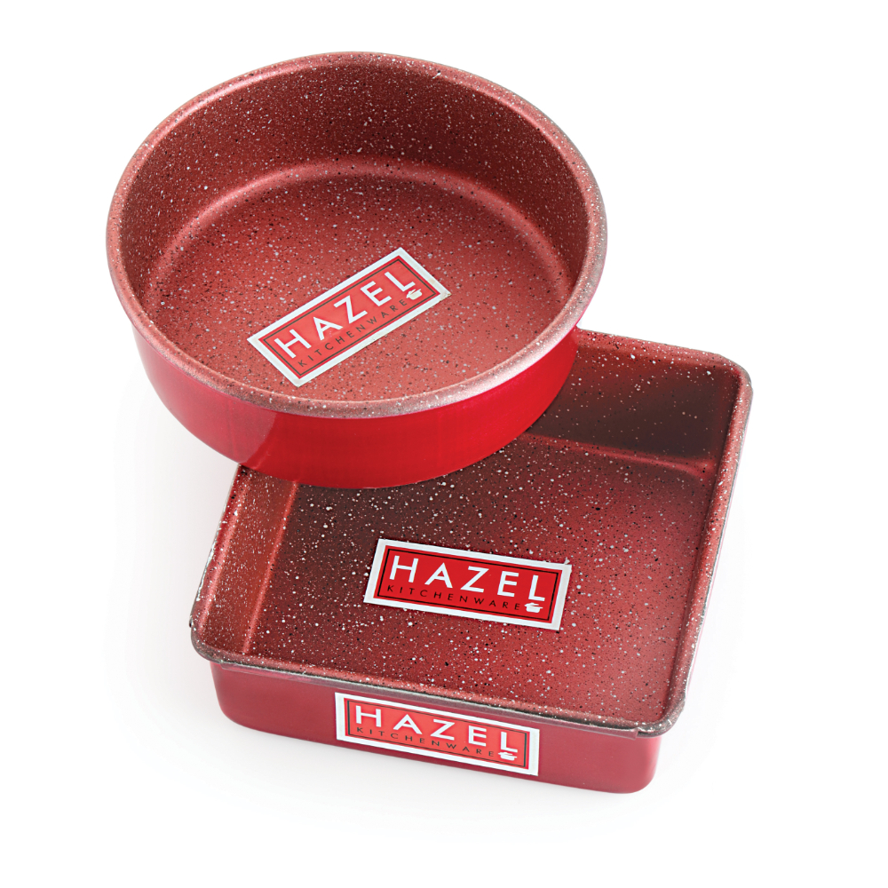 HAZEL Cake Mould Mold Set Round 1/2kg And Square 1/2kg Shaped Aluminized Steel Non Stick Cake Mold 500 gm For Microwave Oven OTG Baking Pan Set of 2, Red