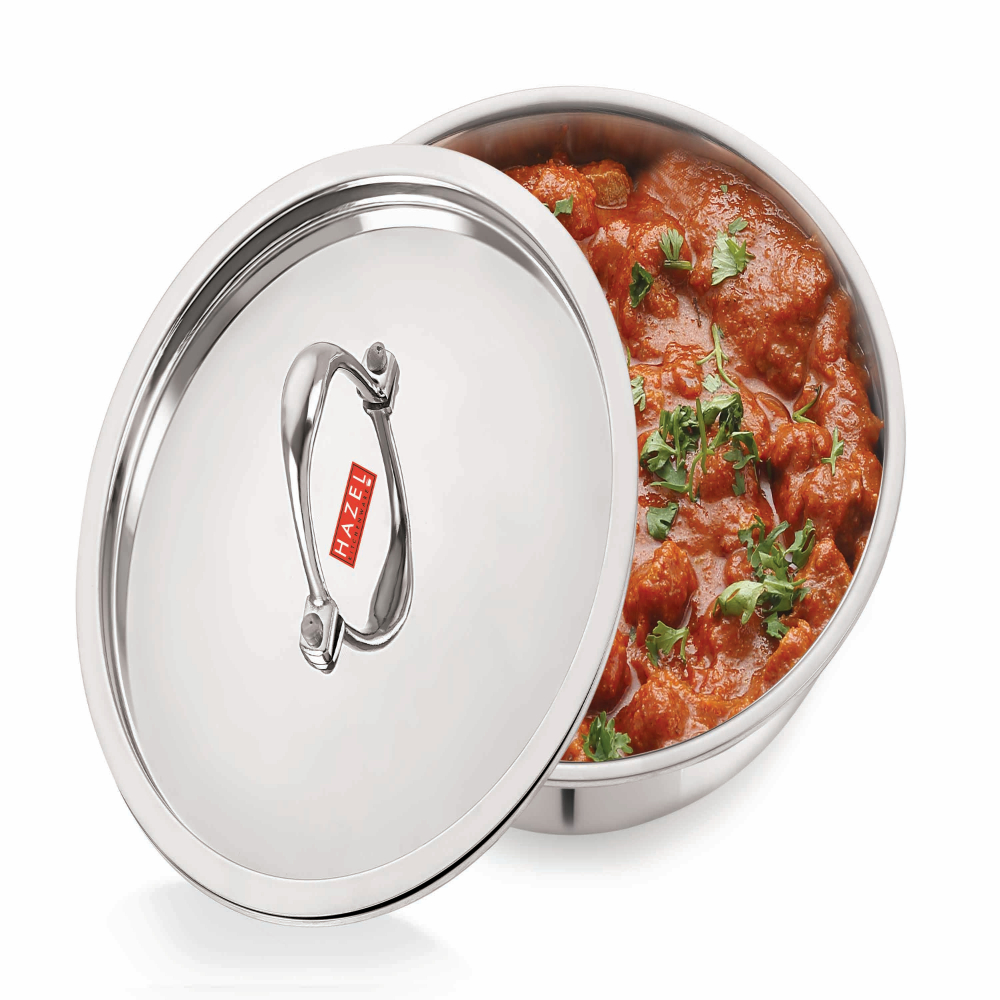HAZEL Triply Stainless Steel Induction Bottom Tasra With Stainless Steel Lid, 1.2 Litre, 18.5 cm
