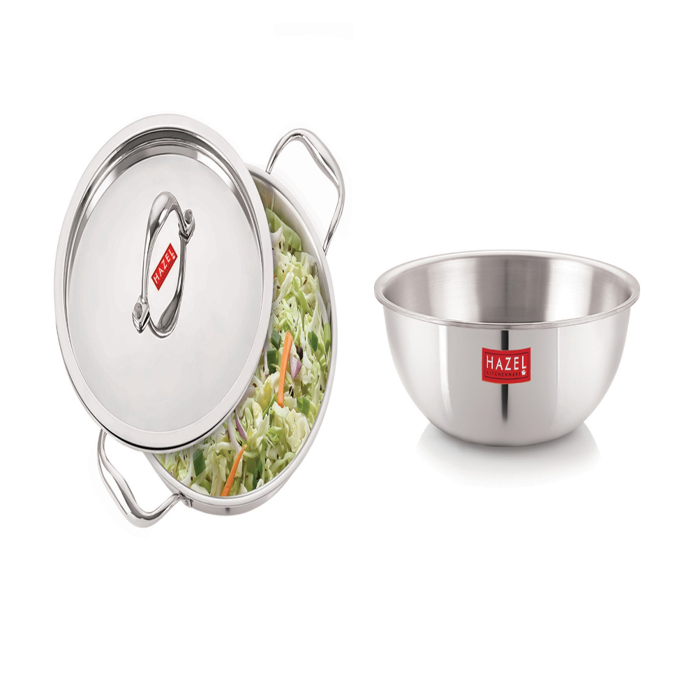 HAZEL Triply Stainless Steel Induction Bottom Tasra and Kadhai With Steel Lid, 1.2 Litre, 18.5 cm