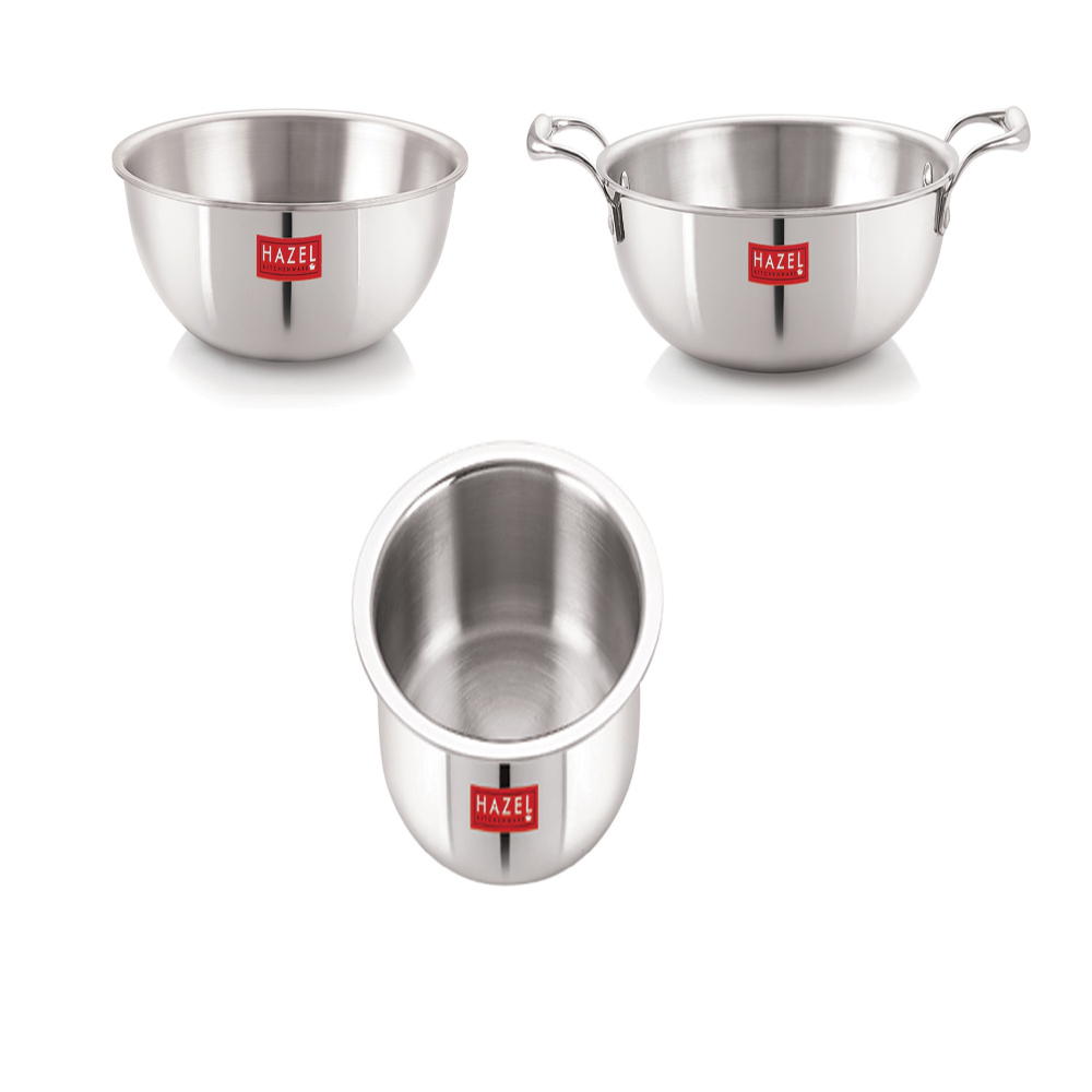HAZEL Triply Stainless Steel Induction Bottom Kadhai and Tasra 1.2 Litre, Tope 2.3 Litre