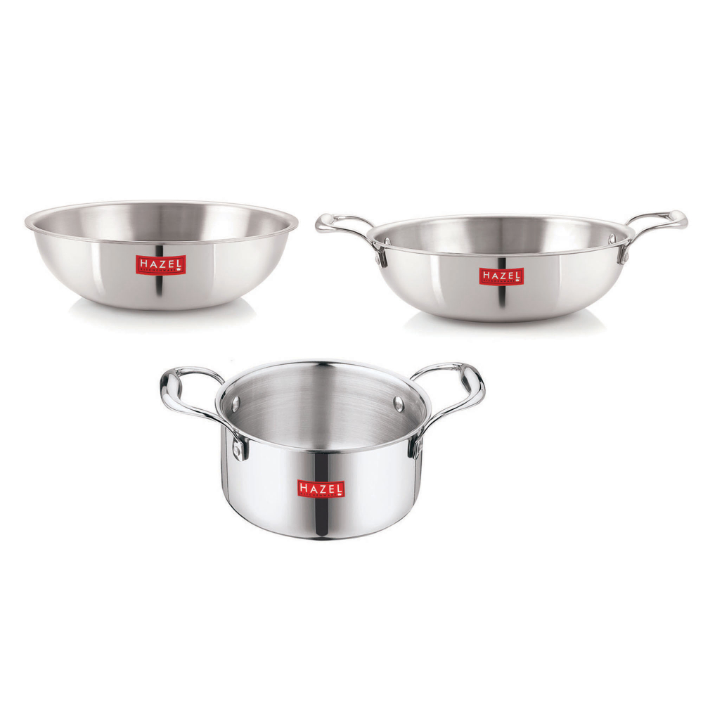 HAZEL Triply Stainless Steel Induction Bottom Kadhai and Tasra 1.2 Litre, Tope With Handle 2.3 Litre