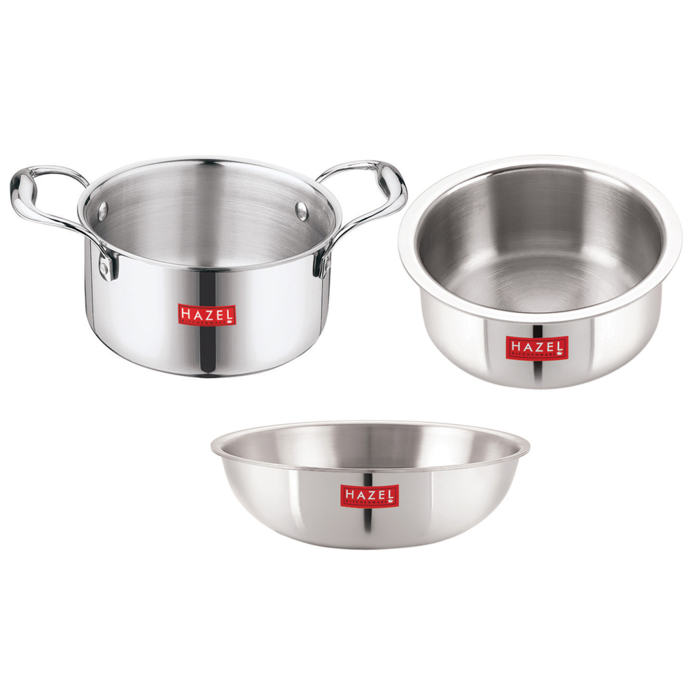 HAZEL Triply Stainless Steel Induction Bottom Tope and Tope With Handle 2.3 Litre, Tasra 1.2 Litre