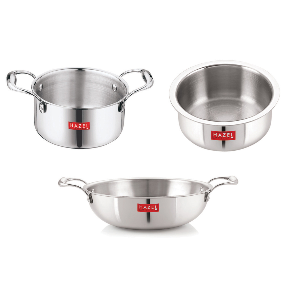 HAZEL Triply Stainless Steel Induction Bottom Tope and Tope With Handle 2.3 Litre, Kadhai 1.2 Litre