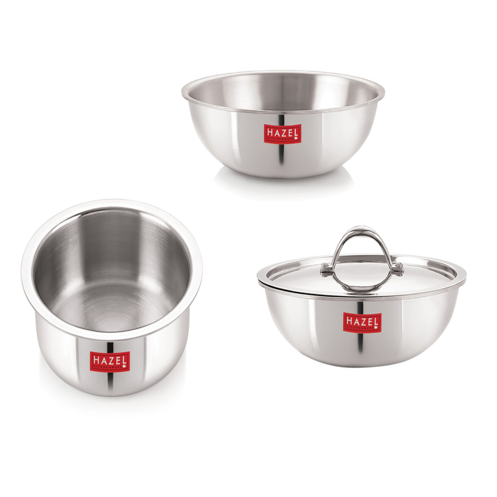 HAZEL Triply Stainless Steel Induction Bottom Tope 2.3 Litre, Kadhai and Tasra 1.2 Litre With Stainless Steel Lid