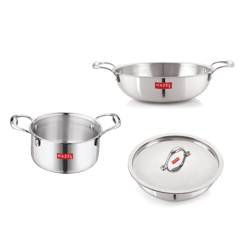 HAZEL Triply Stainless Steel Induction Bottom Tope With Handle 2.3 Litre, Kadhai and Tasra 1.2 Litre With Stainless Steel Lid