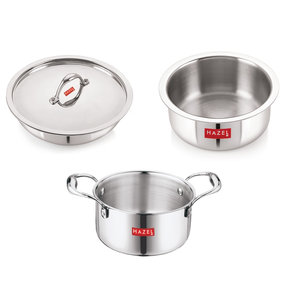 HAZEL Triply Stainless Steel Induction Bottom Tope and Tope With Handle 2.3 Litre, Tasra 1.2 Litre With Stainless Steel Lid