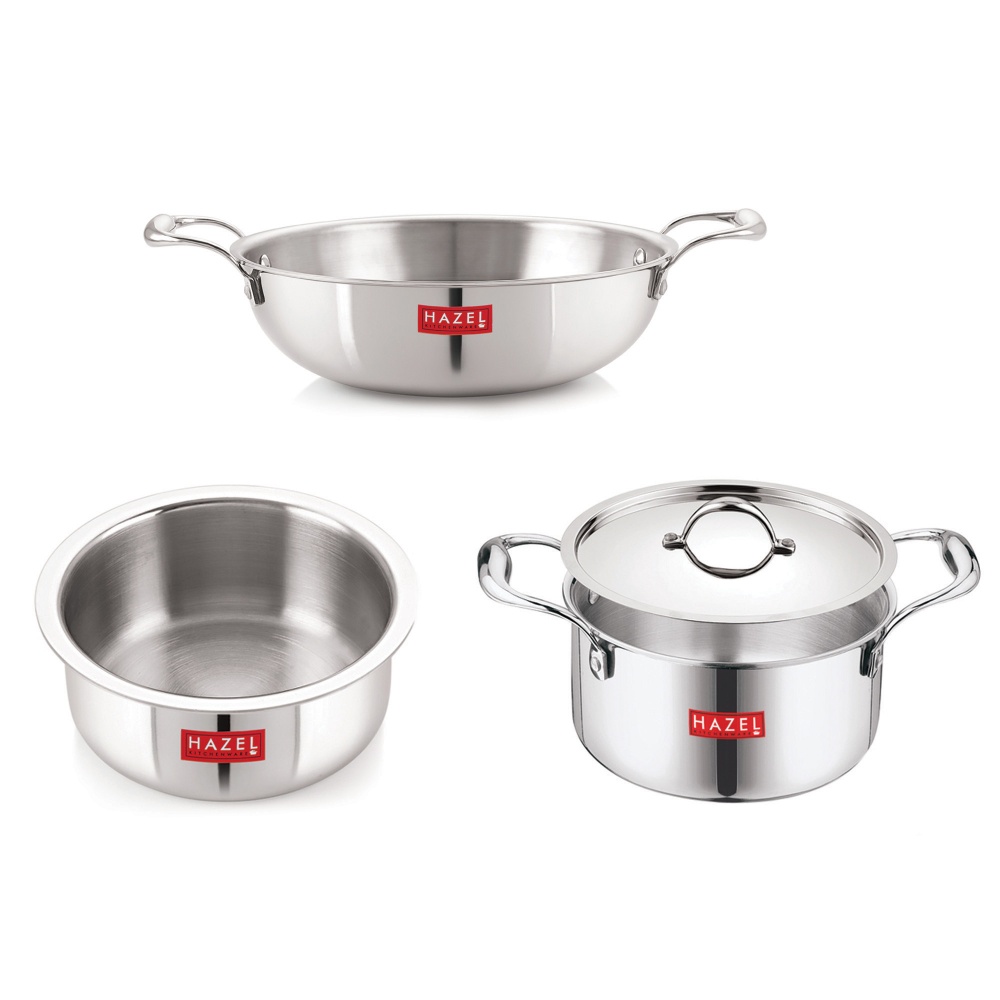 HAZEL Triply Stainless Steel Induction Bottom Tope and Tope With Handle 2.3 Litre, Kadhai 1.2 Litre With Stainless Steel Lid