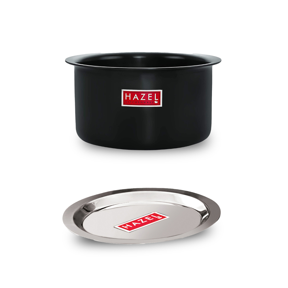 HAZEL Hard Anodised Aluminium Tope With Lid | Hard Anodised Cookware Boiling Tope Patila With Steel Lid Cover For Cooking (Tope Capacity 2000ml, Lid 20 cm), Black