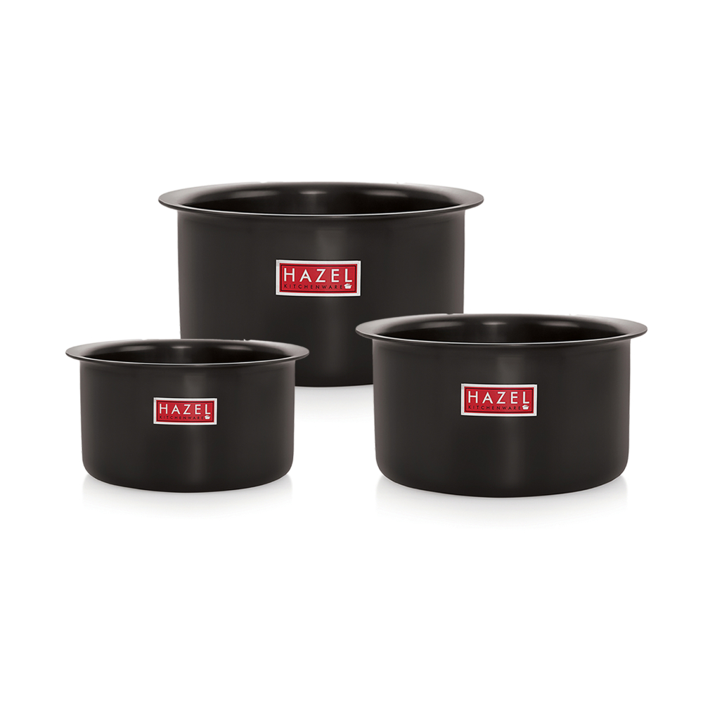 HAZEL Hard Anodised Aluminium Tope Set | Hard Anodised Cookware Set Of Boiling Tope Patila Bhagona For Cooking (750 ml, 1100ml, 1500ml) Set of 3 Topes, Black