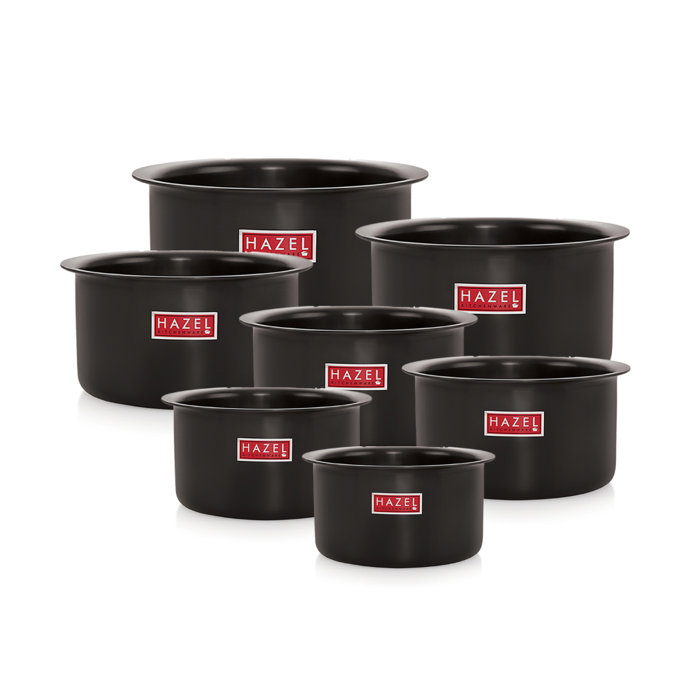 HAZEL Hard Anodised Aluminium Tope Set | Hard Anodised Cookware Set Of Boiling Tope Patila Bhagona For Cooking (750 ml to 4000ml) Set of 7 Topes, Black