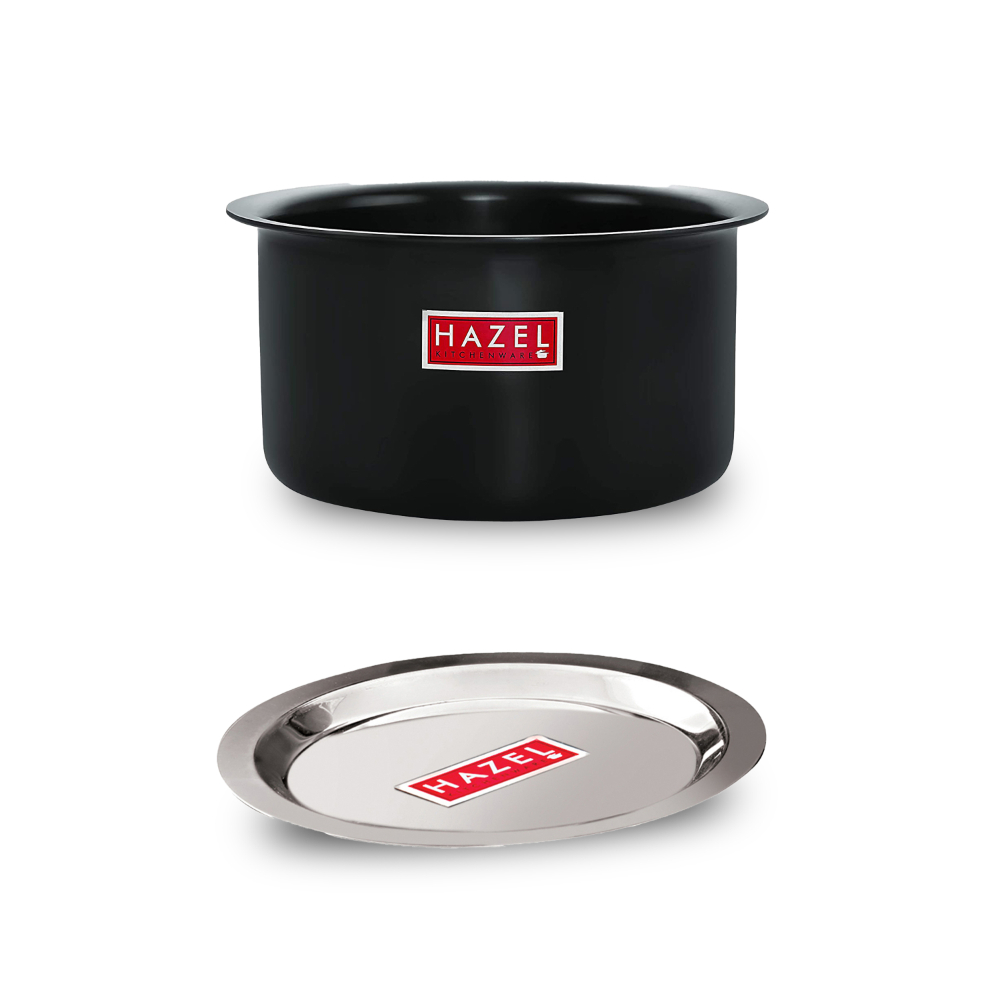 HAZEL Hard Anodized Aluminium Tope With Lid |  Induction Base Flat Bottom Cookware Boiling Tope Patila With Steel Lid Cover, 2200 ML, Black