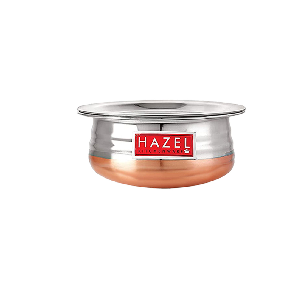 HAZEL Copper Bottom Uruli With Lid | Urli Vessel Cooking Stainless Steel |  Serving Tope Handi | Kitchen Items For Home Cooking, 2100 ML