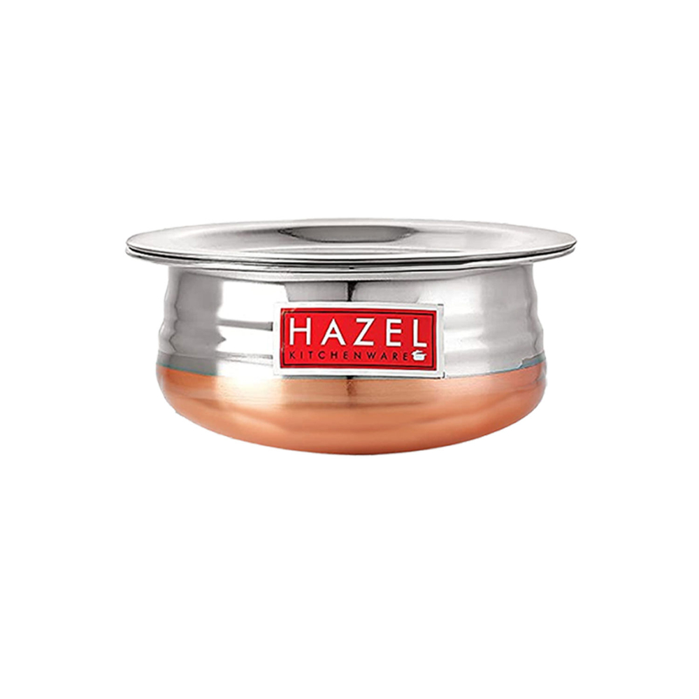 HAZEL Copper Bottom Uruli With Lid | Urli Vessel Cooking Stainless Steel |  Serving Tope Handi | Kitchen Items For Home Cooking, 2600 ML