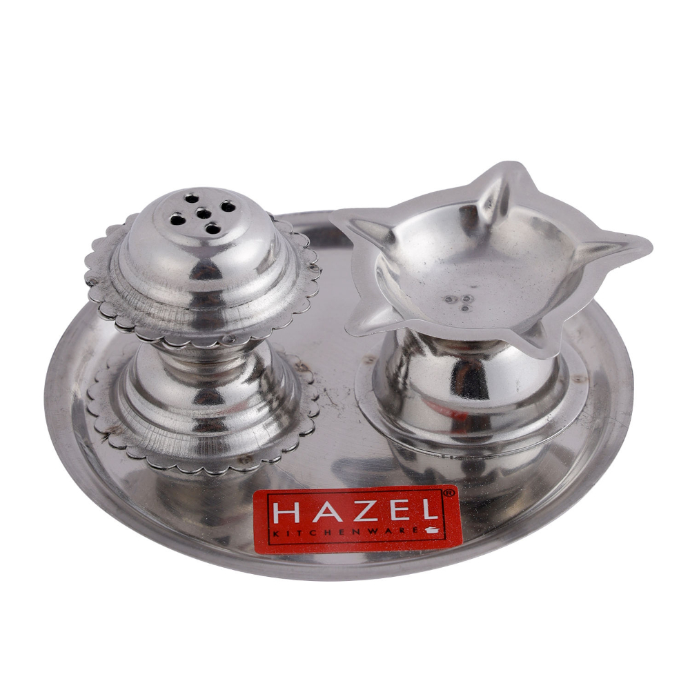 HAZEL Diya with Agarbatti Stand | Stainless Steel Panchvati Diya and Agardan For Puja | Diva with Udbatti Ghar | Oil Lamp with Incense Stick Holder (9 x 4 cm)