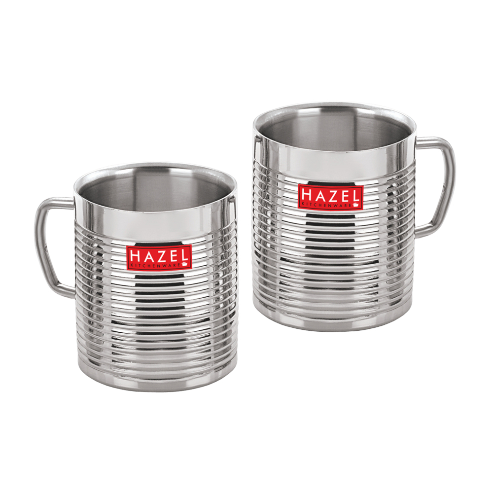 HAZEL Stainless Steel Green Tea Coffee Big Aishwarya Mug, Set of 2, 300 ml (Each)