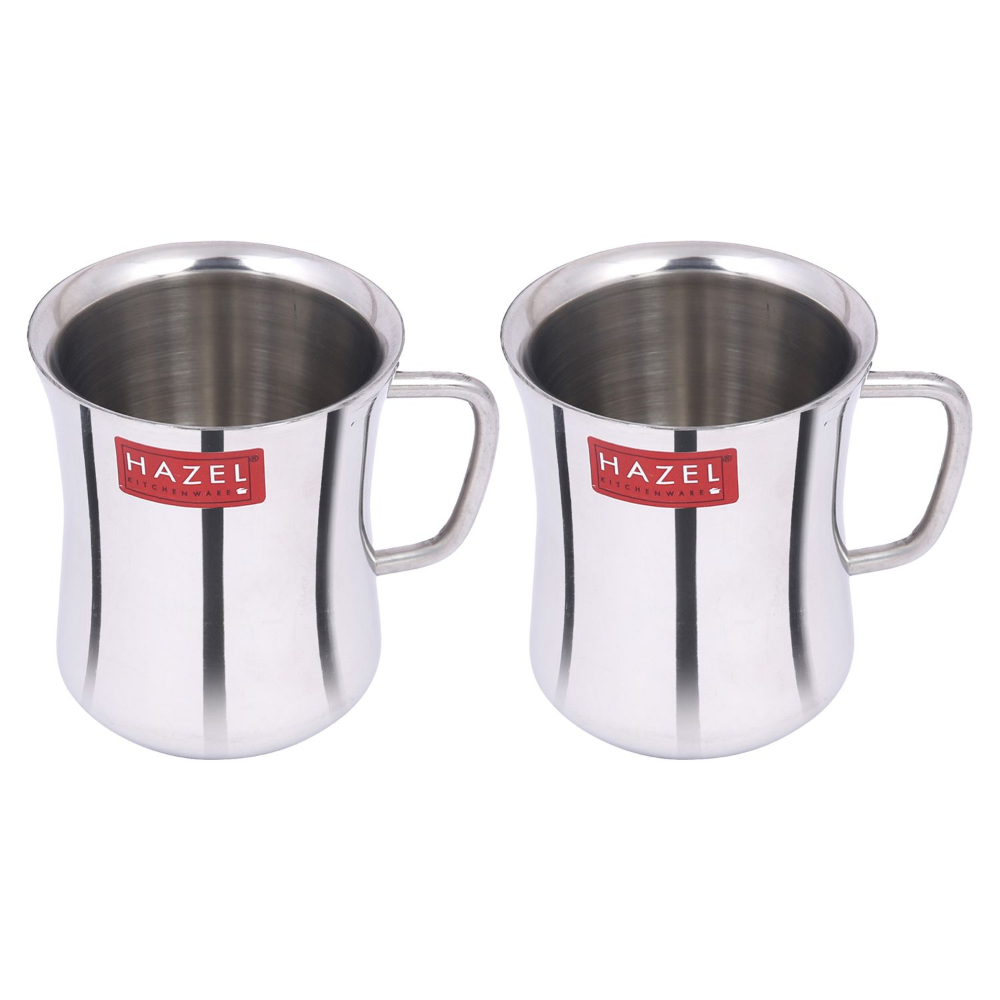 HAZEL Stainless Steel Green Tea Coffee Big Damaru Plain Mug, Set of 2, 200 ml (Each)