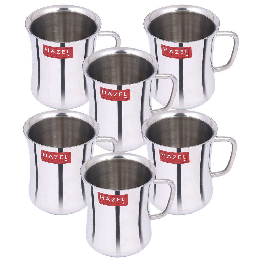 HAZEL Stainless Steel Green Tea Coffee Big Damaru Plain Mug, Set of 6, 200 ml (Each)