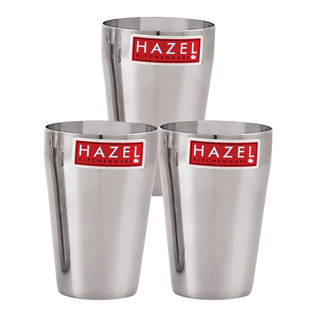 HAZEL Stainless Steel Plain Traditional Jumbo Water Lassi Glass Set of 3, 750 ML Each