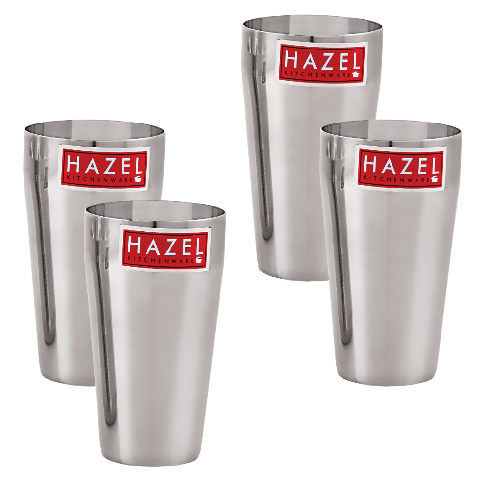 HAZEL Stainless Steel Plain Traditional Jumbo Water Lassi Glass Set of 4, 750 ML Each