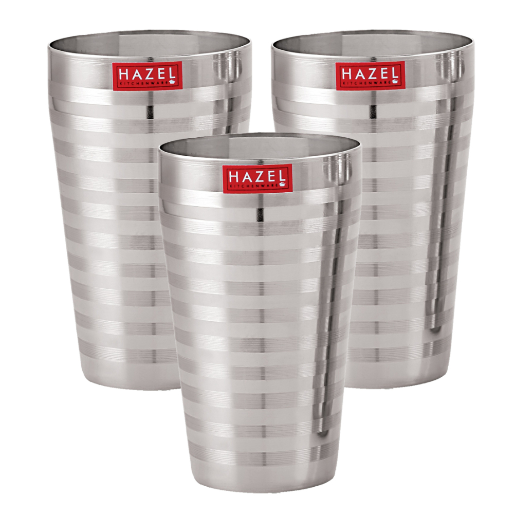 HAZEL Stainless Steel Stripped Design Traditional Shape Jumbo Water Lassi Glass Set of 3, 750 ML Each