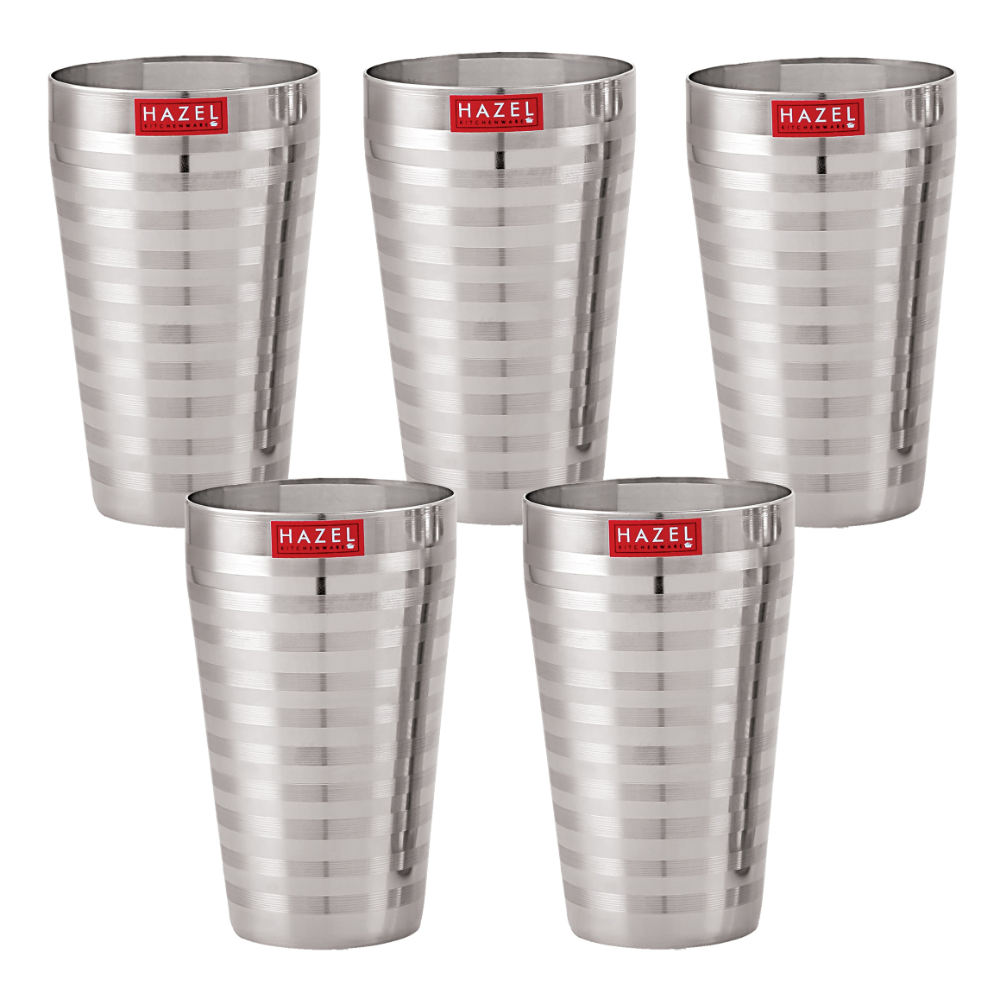 HAZEL Stainless Steel Stripped Design Traditional Shape Jumbo Water Lassi Glass Set of 5, 750 ML Each