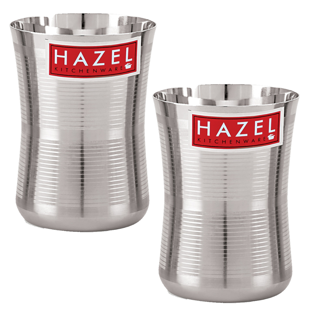 HAZEL Stainless Steel Damru Shape Jumbo Water Lassi Glass Set of 2, 650 ML Each
