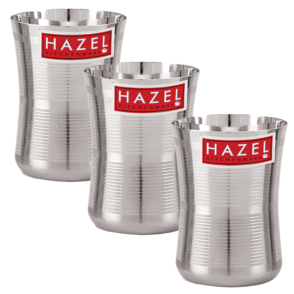 HAZEL Stainless Steel Damru Shape Jumbo Water Lassi Glass Set of 3, 650 ML Each