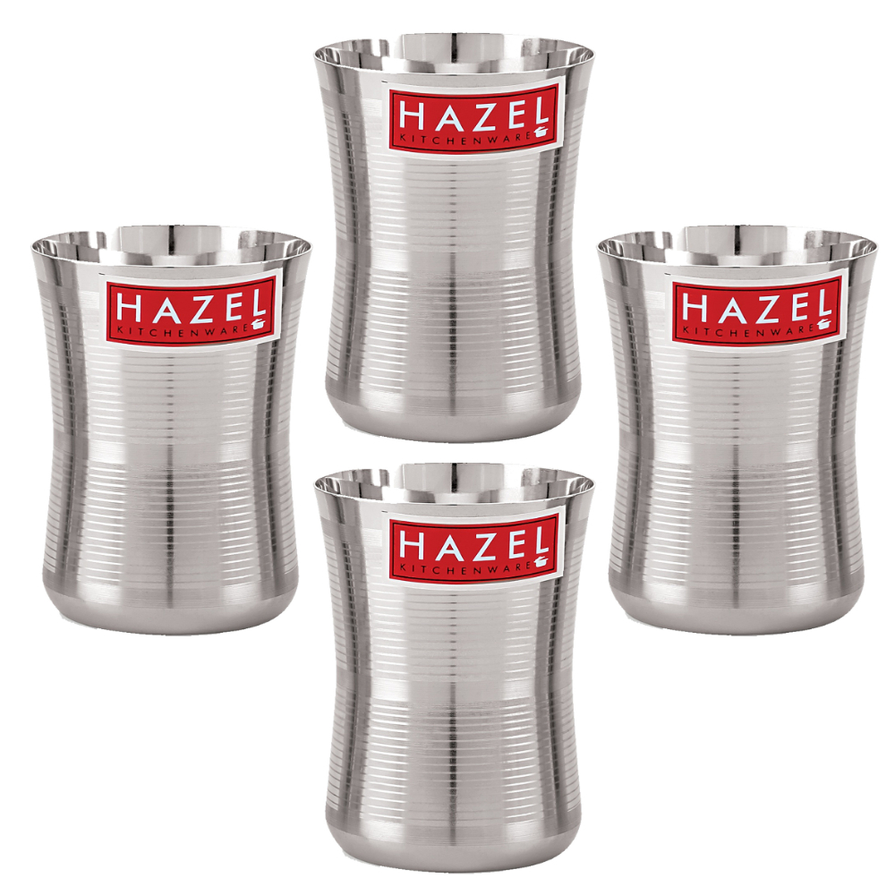 HAZEL Stainless Steel Damru Shape Jumbo Water Lassi Glass Set of 4, 650 ML Each