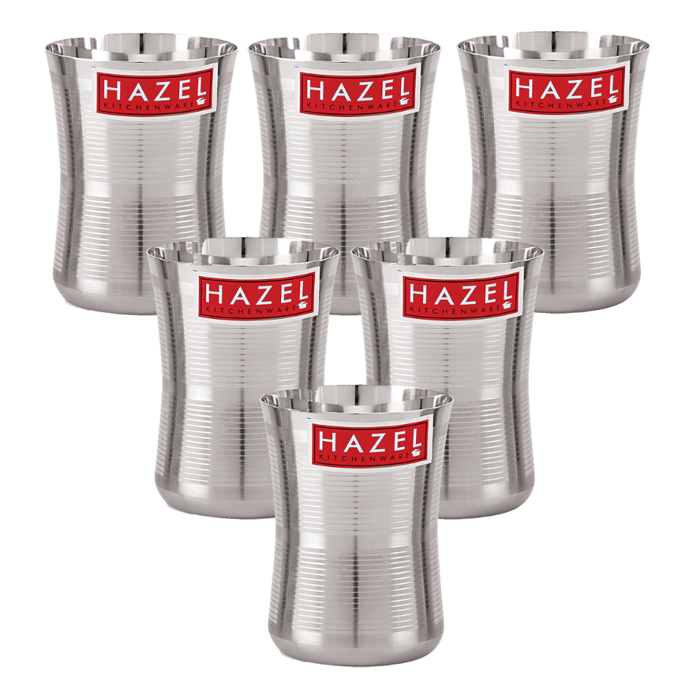 HAZEL Stainless Steel Damru Shape Jumbo Water Lassi Glass Set of 6, 650 ML Each