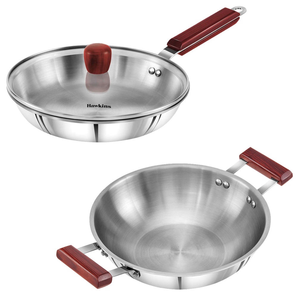 Hawkins Triply 3 mm Extra-Thick Stainless Steel Frying Pan 26 cm with Lid and Kadhai 2.5 Ltr with Lid