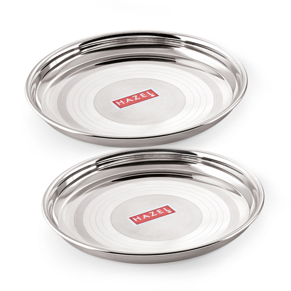 HAZEL Stainless Steel Plate Set For Dinner Launch | Designer Steel Thali Set |Steel Dinnerware, Set of 2, 28.5 cm, Medium