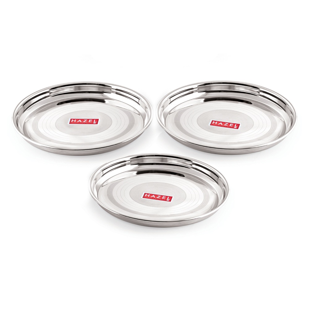 HAZEL Stainless Steel Plate Set For Dinner Launch | Designer Steel Thali Set |Steel Dinnerware, Set of 3, 26.5 cm, Small