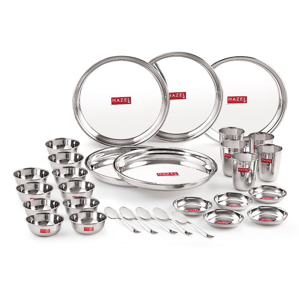 HAZEL Stainless Steel Dinner Set Of 30 | Dinner Set Steel (5 Steel Plate, 5 Steel Glass, 10 Serving Bowl, 5 Dessert Plate, 5 Spoon Set) 30 Pieces, Silver