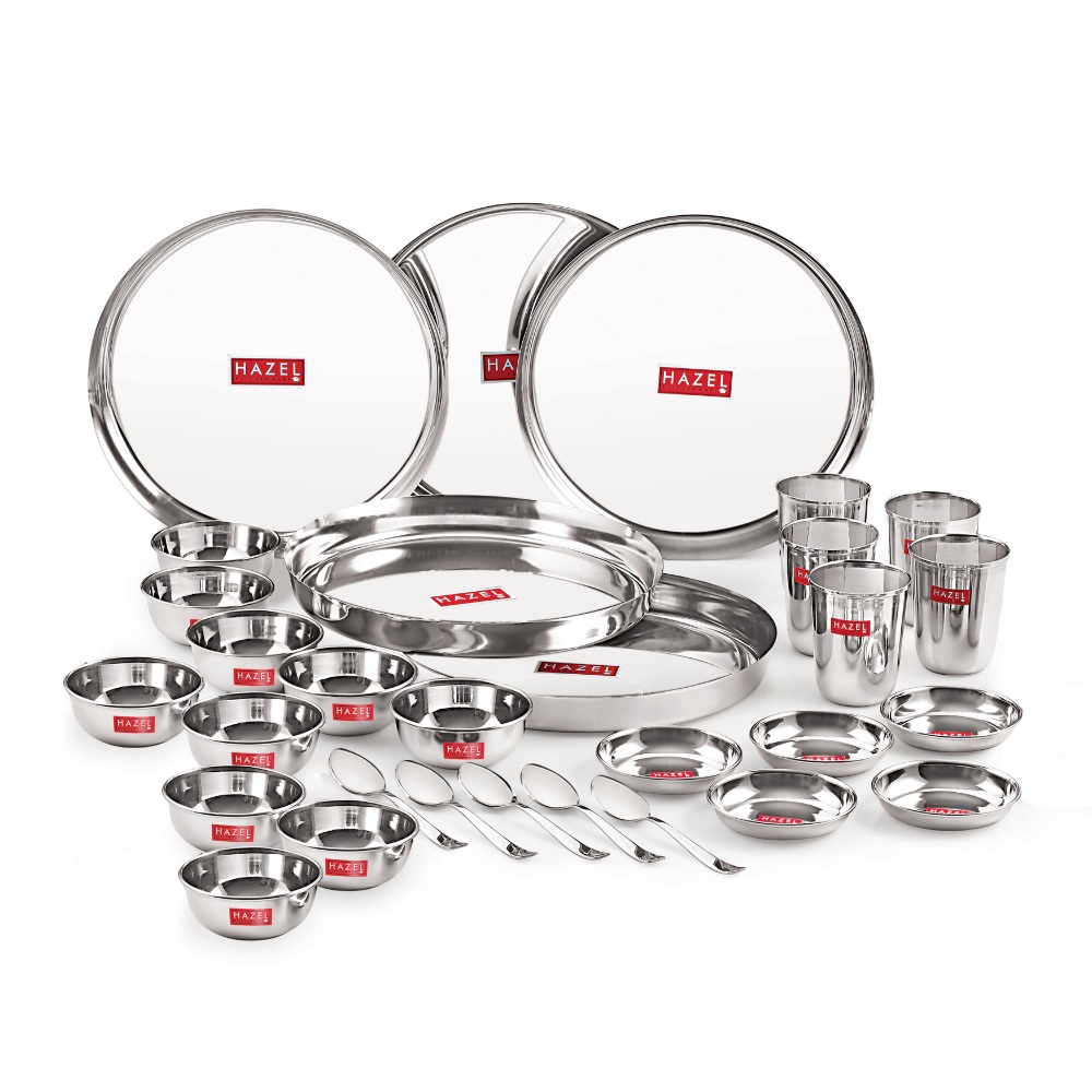 HAZEL Stainless Steel Dinner Set Of 30 | Dinner Set Steel (5 Steel Plate, 5 Steel Glass, 10 Serving Bowl, 5 Spoon Set, 5 Dessert Plate) 30 Pieces, Silver