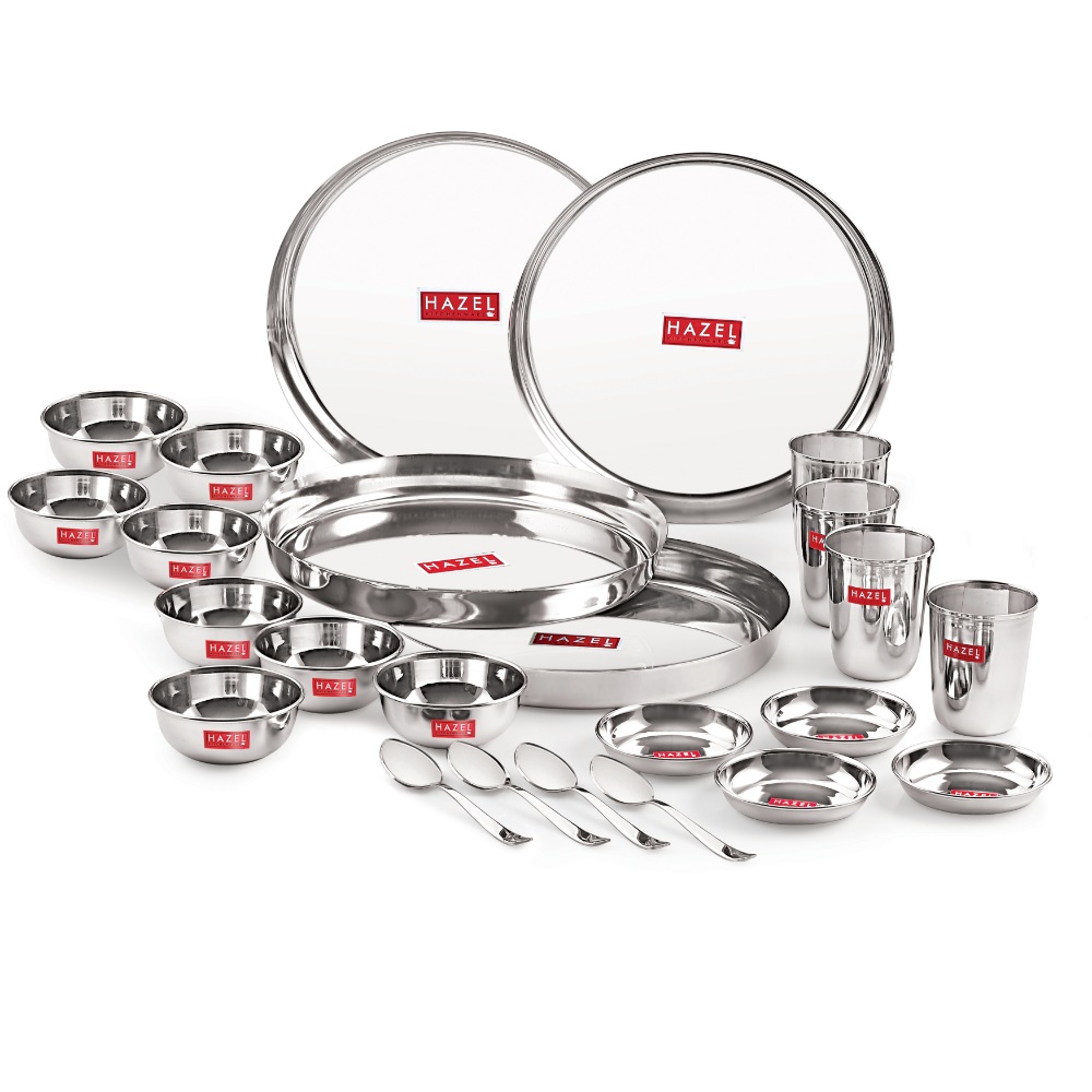 HAZEL Stainless Steel Dinner Set Of 24 | Dinner Set Steel (4 Steel Plate, 4 Steel Glass, 8 Bowl, 4 Spoon Set, 4 Dessert Plate) 24 Pieces, Silver