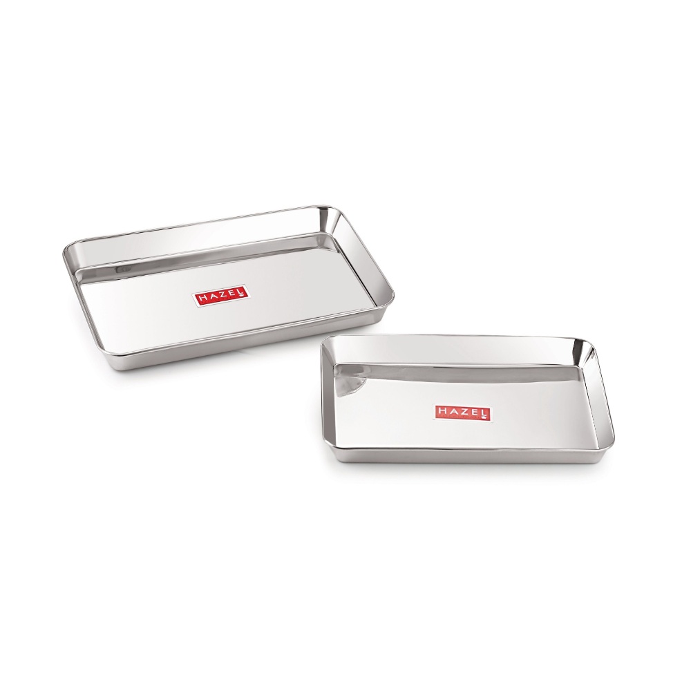 HAZEL Stainless Steel Serving Tray Rectangle Plate Plater Set of 2, Small and Medium, Silver