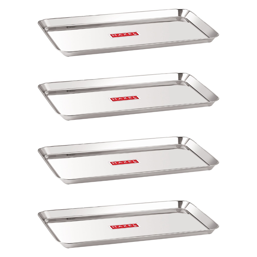 HAZEL Stainless Steel Serving Trays Rectangle Premium Dining Table Plater Set of 4, Medium, Silver, 33.5 x 23 cm