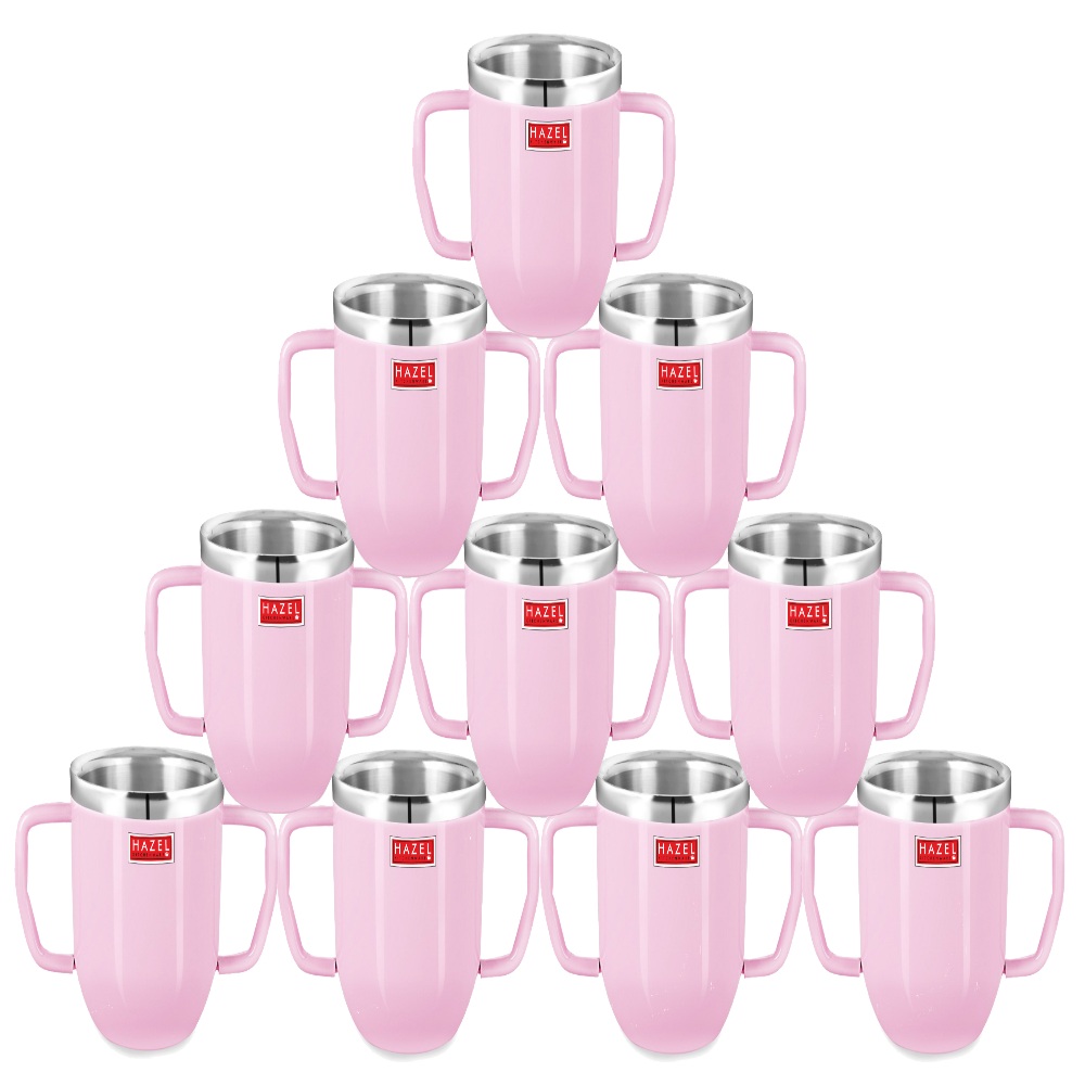 HAZEL Double Wall Stainless Steel Double Handle Baby Mug Set of 10for Kids Gifting, 250 ML Each, Pink