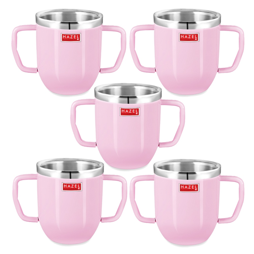 HAZEL Double Wall Stainless Steel Double Handle Baby Mug Set of 5for Kids Gifting, 250 ML Each, Pink