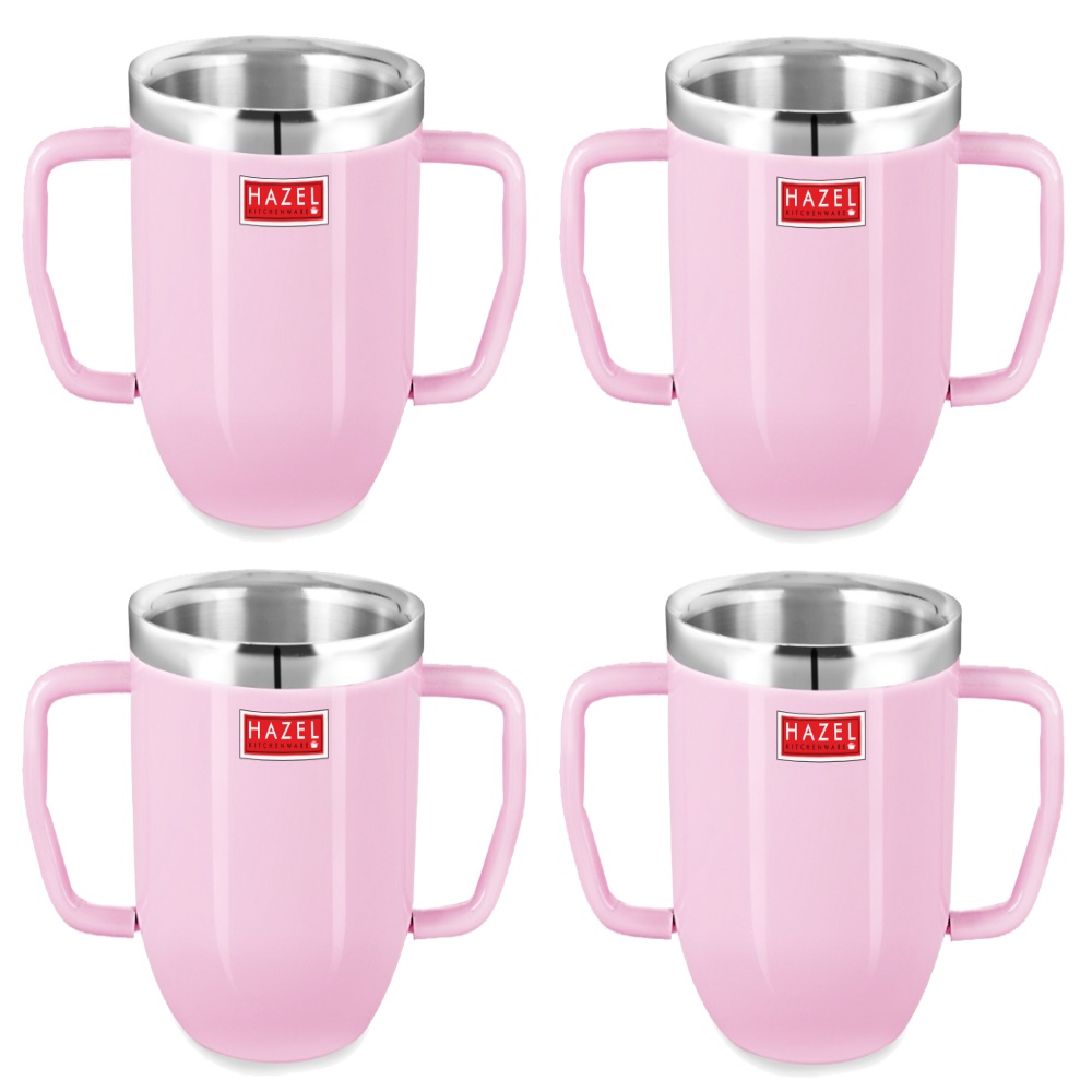 HAZEL Double Wall Stainless Steel Double Handle Baby Mug Set of 4for Kids Gifting, 250 ML Each, Pink