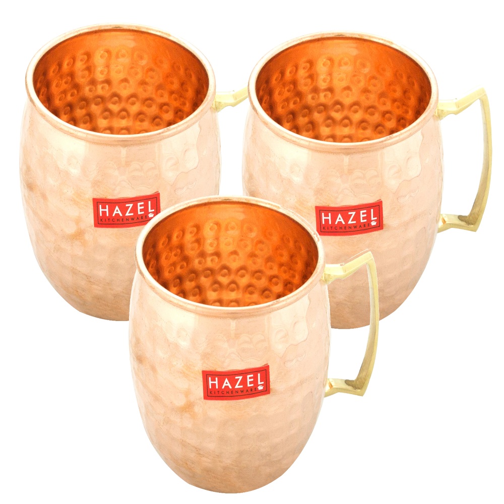 HAZEL Copper Hammered Finish Drinkware Mug set of 3, 550 ml