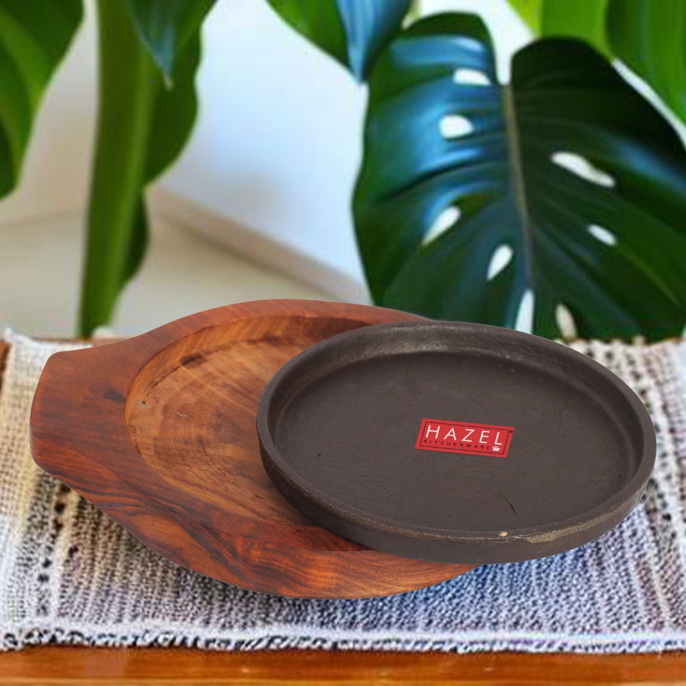 HAZEL Sizzling Brownie Sizzler Plate / Tray with Wodden Base Round 7 inch