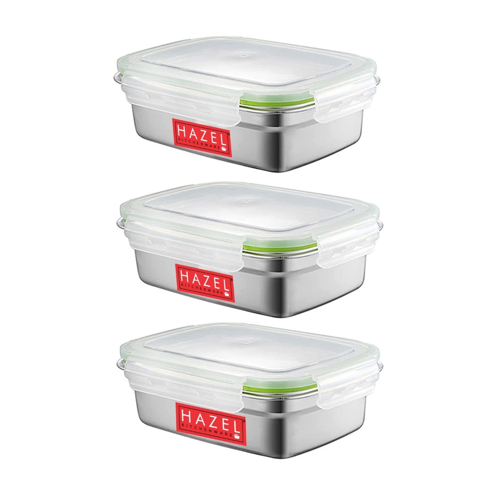 HAZEL Stainless Steel Containers for Storage with Transparent Lid | Large Steel Dabba | Microwave Safe Containers | Leakproof Container for Kitchen Storage Set of 3, 850 ML, Silver