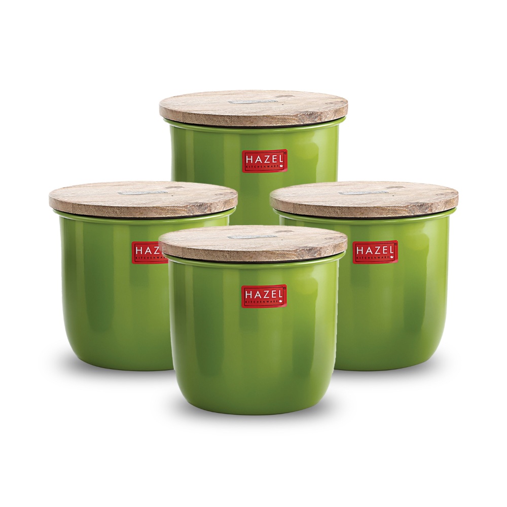 HAZEL Airtight Container for Kitchen | Tea Coffee Sugar Containers |Food Grade Storage Box For Kitchen with Wooden Lid, Set of 4, 1050 ML, Green