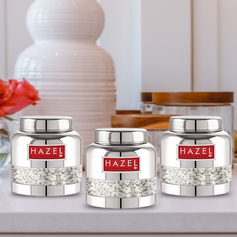 HAZEL Stainless Steel Container Set | Barni Shape See Through Container with Glossy Finish  |Transparent Multipurpose Storage Box for Kitchen, 350 ML, Set of 3