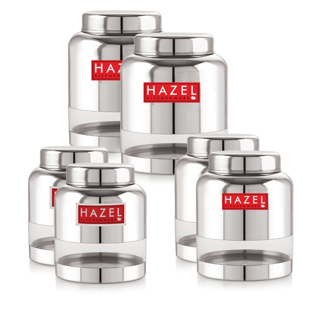 HAZEL Stainless Steel Kitchen Containers I Barni Shape Transparent Container with Glossy Finish | Multipurpose Storage Box for Kitchen Set of 6