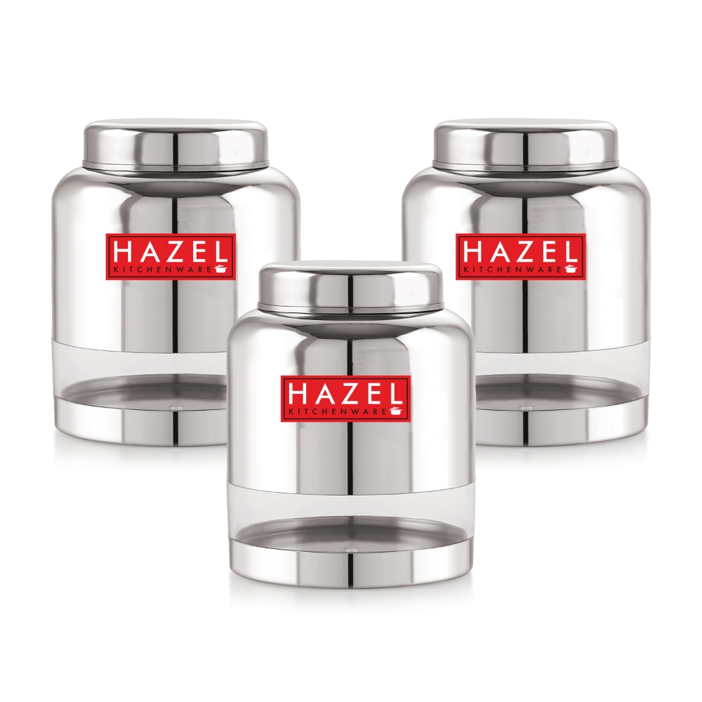 HAZEL Stainless Steel Transparent Container Glossy Finish Airtight See Through Jar Barni Set of 3, 2000 ML, Silver