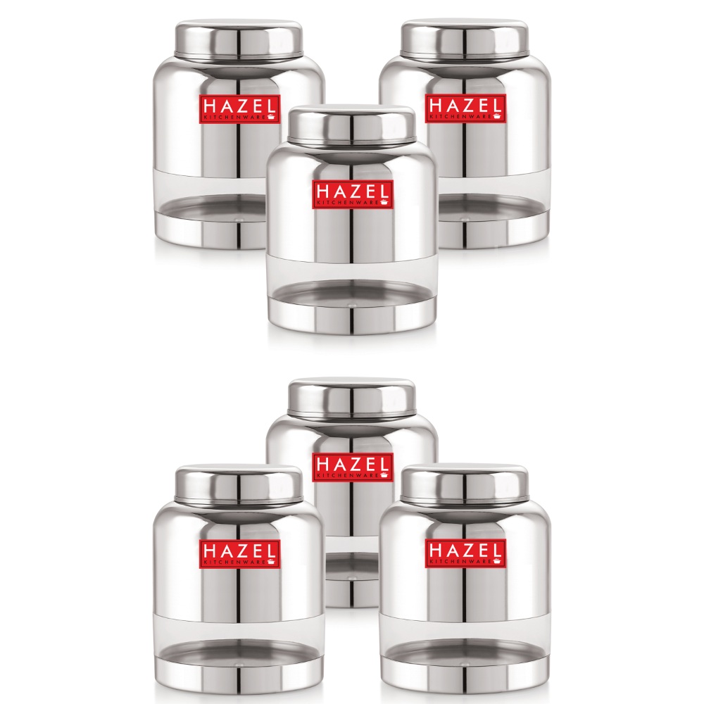 HAZEL Stainless Steel Transparent Container Glossy Finish Airtight See Through Jar Barni Set of 6, 1500 ML, Silver